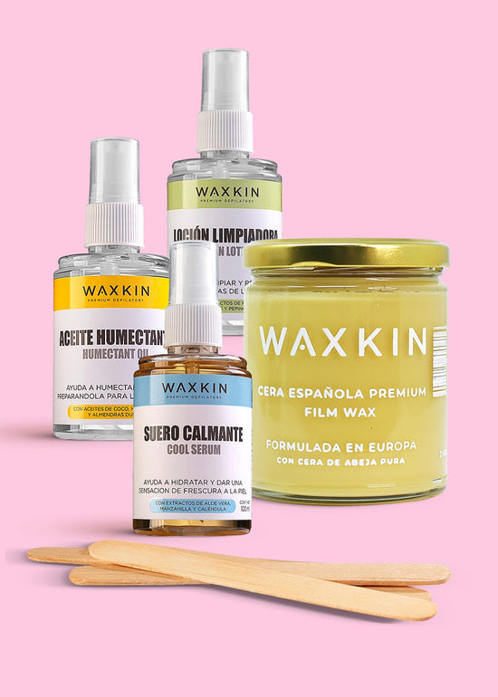 Kit Microondas Waxkin con tarro de cristal de cera Sweet Cream, loción, aceite y suero calmante